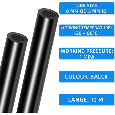 10 m PU-Polyurethan-Luftschlauch, schwarz, 8 mm Außendurchmesser x 5 mm Innendurchmesser, mit Anschlüssen (1/5)