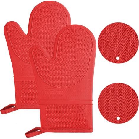 1 Paire Gants de Cuisine en Silicone avec 2 Maniques, Gants de Four Résistant à La Chaleur jusqu'à 240 °C, Gants de Cuisine Antidérapants pour Grillades, Cuisine, Four, Micro-Ondes, Rouge (1/5)