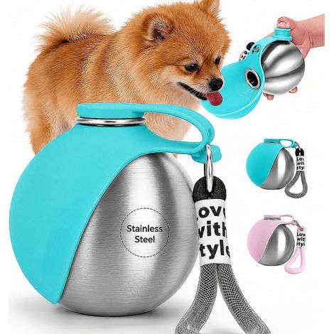 Botella de agua portátil de acero inoxidable para mascotas con recipiente plegable, dispensador de agua de viaje a prueba de fugas para gatos y perros, envoltura de silicona color turquesa, apto para (1/5)