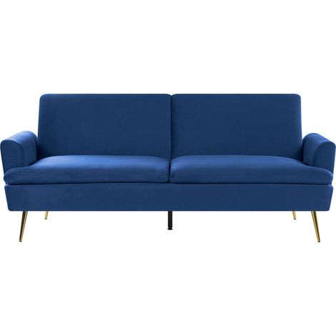 Sofá cama de terciopelo azul 3 plazas click clack patas de metal dorado Vettre