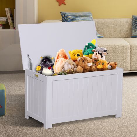 Cassapanca con cerniere di sicurezza, contenitore in legno, cassapanca portagiochi con coperchio incernierato, 81L x 40W x 46H cm, bianca