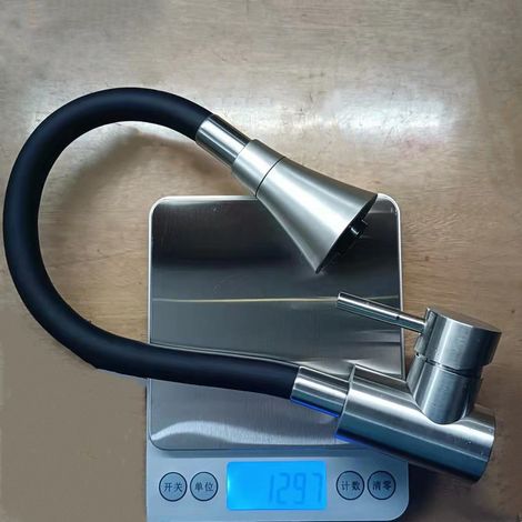 Russian kitchen faucet, black silicone universal tube, stainless steel rotating hot and cold water faucet for sinks - brushed horn head.