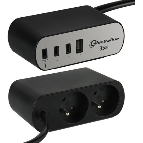 Bloc Multiprise pour Bureaux avec 2 Prises Françaises + 4 USB (3 USB C PD35W + 1 USB A QC) + 1 support de bureau inclus (1/5)
