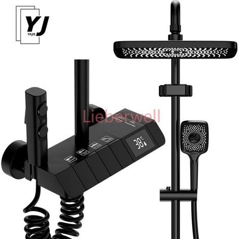 950-1350mm YJYAJIE Digital Thermostatic Shower Faucet Set with LED Display, Pressure Balance, Copper Body, Bath Temperature Control, Black, (1/5)
