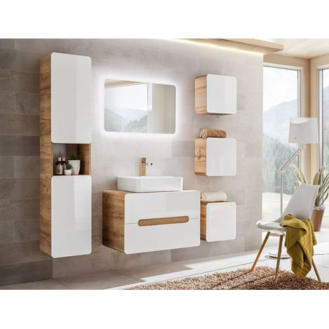 Ensemble salle de bain avec meuble vasque 80 cm + 6 éléments - Archipel White - Livraison gratuite