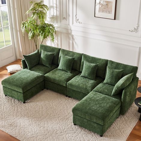 Canapé modulaire 278x161x81 cm vert en chenille avec 2 poufs mobiles, 6 coussins et configuration U ou L (1/5)