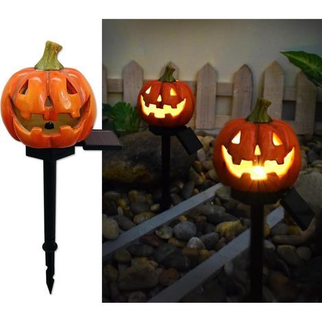 LED tête de citrouille solaire lumière au sol, lampe de décoration d'atmosphère extérieure d'Halloween, lumières paysage la cour la tête citrouille en résine mignonne. (1/5)