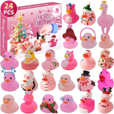Adventskalender 2024, 24 Tage Countdown bis Weihnachten mit 24 rosa Quietscheentchen, Weihnachtsdekoration und Gastgeschenke (1/3)