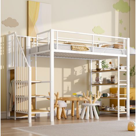 Letto rialzato per bambini 90x200 cm con scala di sicurezza, armadio aperto e mensole, senza materasso, bianco (1/5)