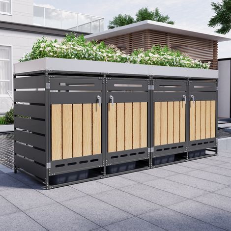4er Mülltonnenbox 262x79x120cm mit Pflanzkasten und Belüftung aus Eisen Modern Schwarz