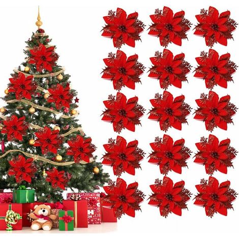 BRAVIX Fleurs de Noël, 15 pcs Fleurs pour Sapin de noël, Decoration Noel Sapin, Fleurs artificielles de Poinsettia, pour Arbre de Noël, fête d'anniversaire (Rouge) (1/5)