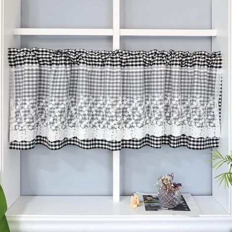 Kurze Gardine für Küche und Schlafzimmer, schwarz-karierte Café-Gardine mit Stangentasche, 1 halbe Gardine (52 cm)