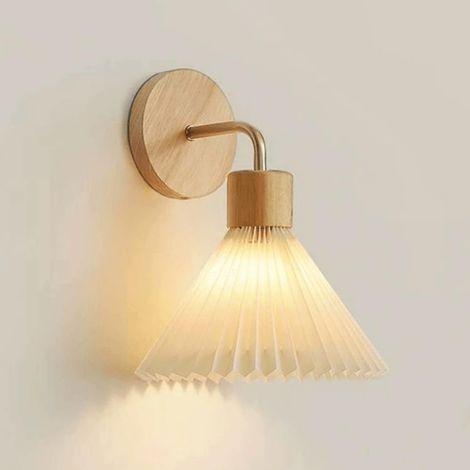 Applique murale en tissu plissé, applique de chevet en bois avec abat-jour en tissu, douille E27, lampe décorative de salon, applique murale rétro industrielle pour chambre et salle à manger. (1/5)