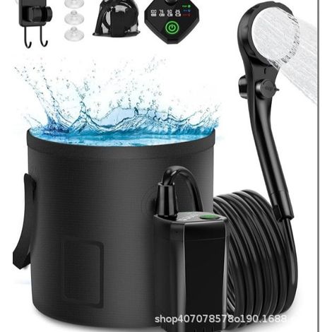 Ducha portátil para acampar, ducha eléctrica recargable para exteriores con pantalla digital inteligente, cubo plegable de 20 l, cabezales de ducha dobles para acampar, senderismo y viajes. (1/3)