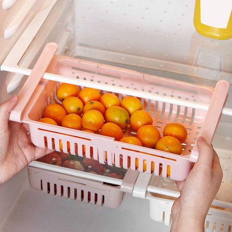 Organisateur de réfrigérateur extensible, étagère de rangement alimentaire multifonctionnelle de type tiroir, panier d'égouttage, étagère de réfrigérateur, rose, 20,516,47,6 cm. (1/5)