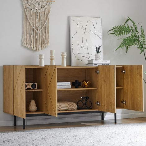 Buffet salon 160x40x78 cm, 4 portes, incrustation métal, panneaux de particules, naturel (1/5)