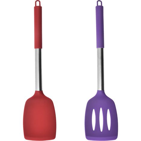 Ensemble Ustensiles Cuisine Silicone - Acier Inoxydable Résistant Chaleur - Pour Poêles Antiadhésives - Lot De 2 Pièces (1/5)
