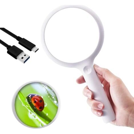 Loupe de lecture 30x 60x avec 33 LED, loupe LED, loupe anglaise géante, rechargeable par USB, pour personnes âgées, blanche (1/5)