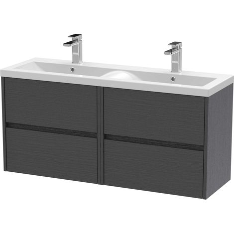 Nuie Havana Graphite Grey Woodgrain 1200mm Wall Hung 4 Drawer Vanity Unit with Double Ceramic Basins - HAV2204F (1/3)