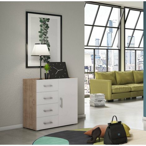 Dmora - Aparador Dnag, Buffet con 1 puerta y 4 cajones, Aparador de salón, Mueble multiusos con baldas, 100% Made in Italy, 90x41h87 cm, Blanco y Roble (1/5)
