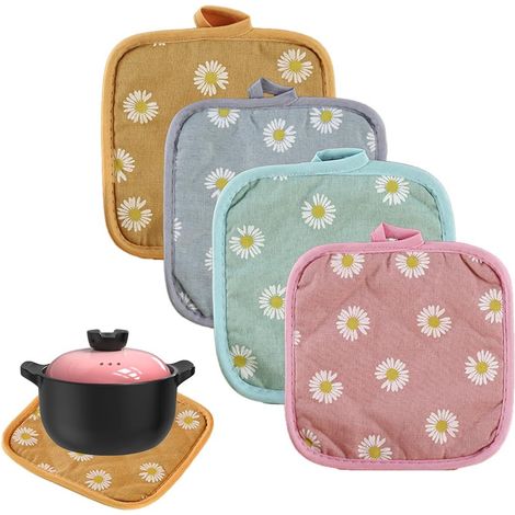 Set mit 4 quadratischen Ofenhandschuhen, 17 x 17 cm, Gänseblümchenmuster, hitzebeständig, für Backofen und Geschirr