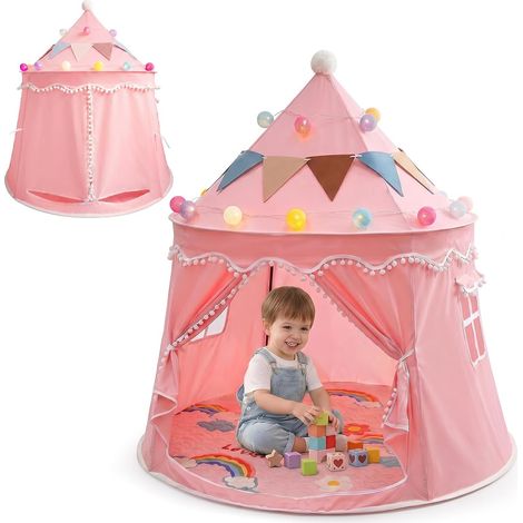 Children's play tent, with cotton lamp, cotton cushion, flag and storage bag, princess tent, children's playhouse, suitable for boys and girls, for (1/5)