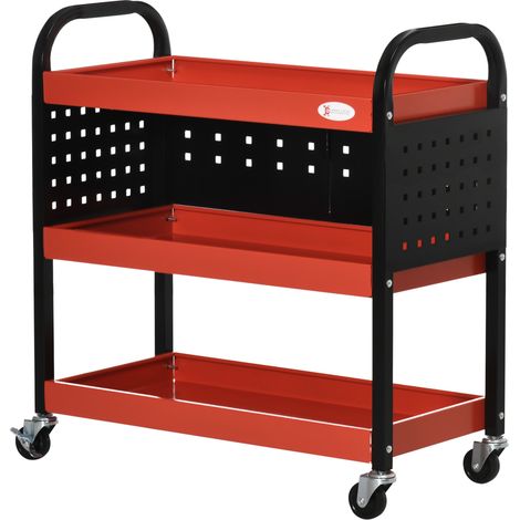 Chariot outils 3 étagères panneaux perforés roues frein garage atelier 75x35x80 cm Noir