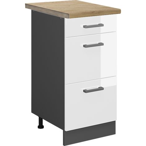 Küchenunterschrank R-Line, Weiß Hochglanz, 40 cm mit Schubladen, AP Eiche, Vicco