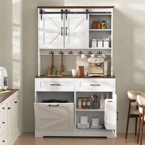 Buffet de cuisine 96x40x180 cm avec plan de travail, portes coulissantes, 2 tiroirs, 6 crochets et niches ouvertes - Blanc et bois foncé (1/5)