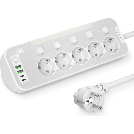 Multiprise avec Interrupteur Individuel,Multiprise Cuisine Plan de Travail Multiprise Parafoudre et Surtension,Prise Multiple D'angle Surface en Acier Inoxydable,Bloc Prise de Bureau,2M Rallonge,Blan (1/5)