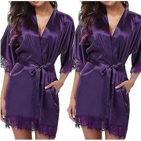 Peignoir en satin pour mariée, demoiselle d'honneur, kimono, robe de chambre, vêtement de nuit, peignoir - Taille S - Violet (1/4)