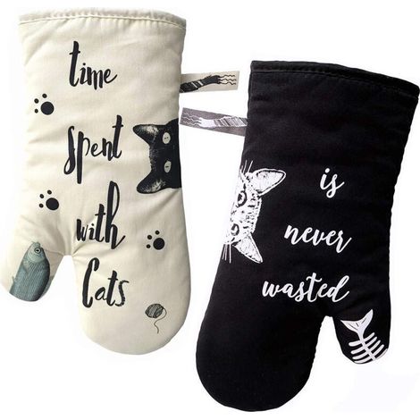 Gants de cuisine GREVY, gants de cuisine résistants à la chaleur, maniques et mitaines pour cuisiner, griller, pâtisserie, ivoire et noir, chat et chat noir, amoureux des chats NPTERB (1/3)