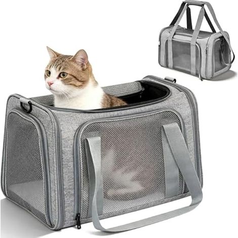 Sac Transport Chat, Caisse De Transport Chat, Coffre pour Le Transports d'animaux, 45 X 30 X 30 Cm, Jusqu'à 8 Kg, Sac Chat Transport avec Bandoulière Réglable pour Chiot, Chat Gris (1/5)