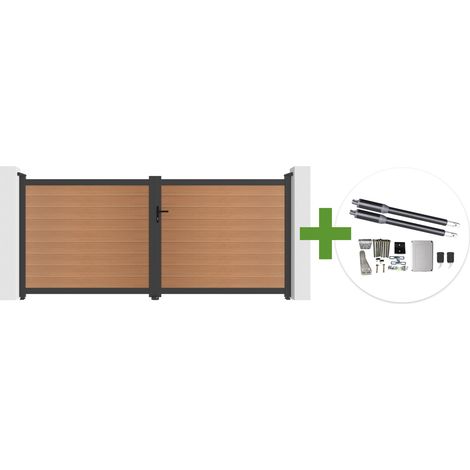 Portail bois composite battant 3,5m ATHOS H.160cm teck avec cadre aluminium + motorisation RANGER B150 (1/5)