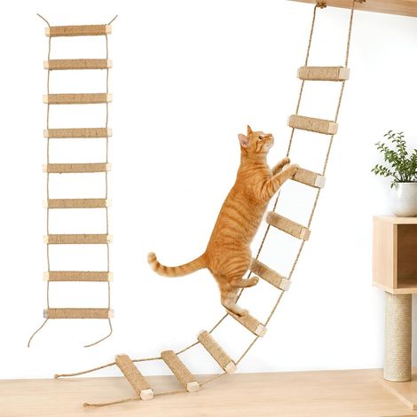 Échelle pour chat 100 cm, montage mural, pont d'escalade en sisal 3 en 1 et hamac en bois massif, planches à gratter pliable en jute pour étagères murales pour chats, poteaux d'escalade, chats (1/5)