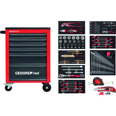 Gedore – Servante d'atelier roulante avec chariot – 6 tiroirs verrouillables – Capacité 25 kg par tiroir – Dimensions 628x910x418 mm – 119 pièces (1/5)