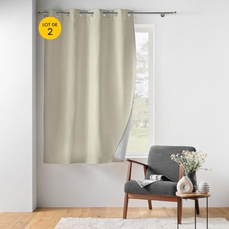 Lot de 2 Rideaux petite hauteur 135 x 180 cm isolant thermique microfibre Micropolar Beige (1/5)