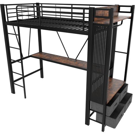 Lit Mezzanine Lit 1 Place, Bureau, Penderie, Étagères, 4 Tiroirs, USB, Type-C et LED 90×200 cm, sans Matelas (1/4)