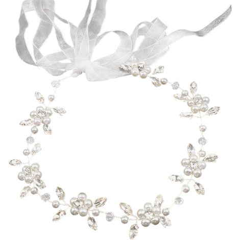 Blumenmädchen-Kopfschmuck, elegantes Perlen-Stirnband mit Band, silbernes Blumenmädchen-Haar-Accessoire für Geburtstag, Party, Erstkommunion, Hochzeit (1/5)
