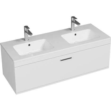 Saniverre – Meuble salle de bain double vasque 120 cm – Tiroir coulissant blanc – Céramique brillante – À suspendre (1/4)