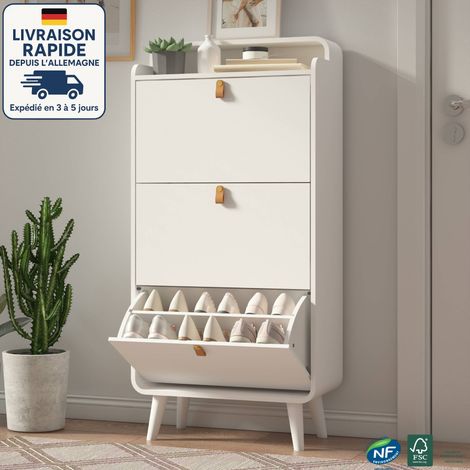 Zapatero de pasillo 63 x 29,5 x 133,7 cm, 3 compartimentos con solapas, MDF, blanco (1/5)