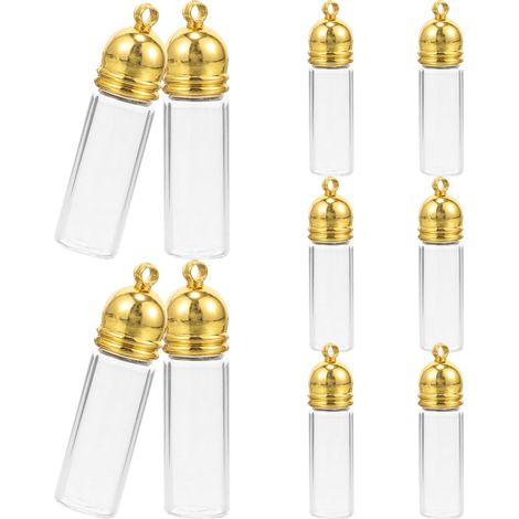 Un ensemble de 10 mini bouteilles en verre avec bouchons dorés, mesurant 35x11 mm, petites bouteilles en verre à suspendre.