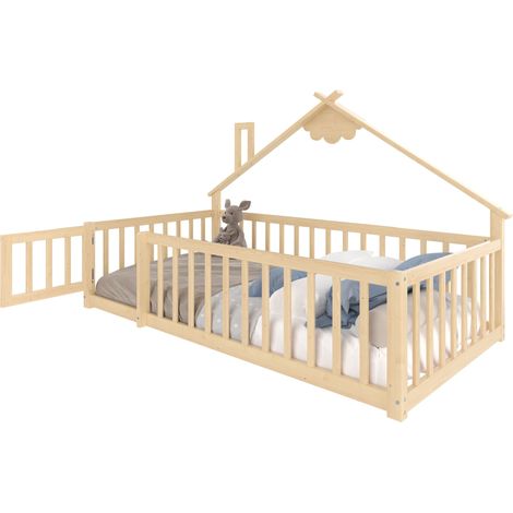 Lit Maison 90x190cm - En Bois avec Barrière Verrouillable - Pour Enfant, Chambre - Bois Naturel (1/5)