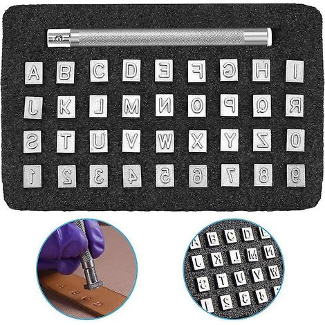 36 outils de marquage du cuir en métal, en acier argenté, pour les lettres A à Z et les chiffres 0 à 9, avec poignée d'impression. (1/5)