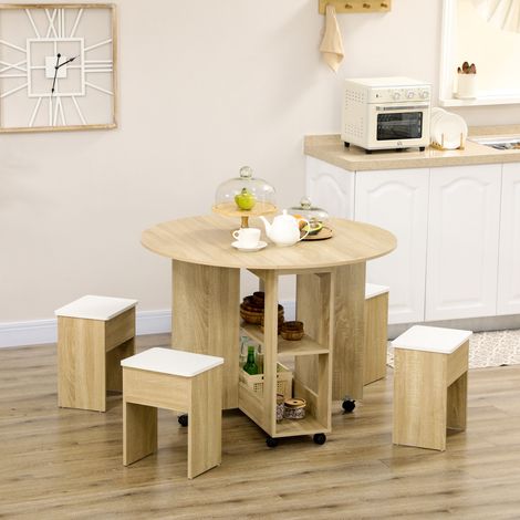 Ensemble table et chaises en panneaux de particules (5 pièces). Table ronde avec deux étagères ouvertes et quatre tabourets modernes.