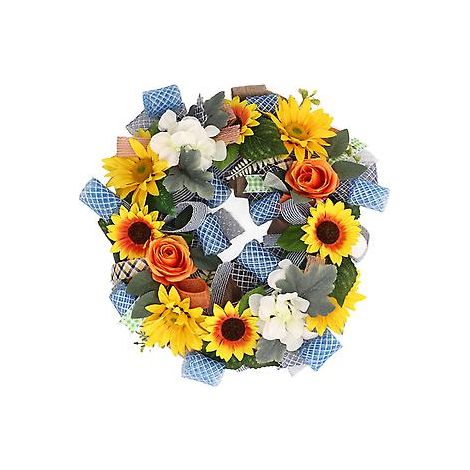 Couronne de tournesols de 45 cm de diamètre, couleurs vives, sans danger et polyvalente, idéale pour décorer une porte d'entrée, une fête, un mariage ou un bureau. (1/5)