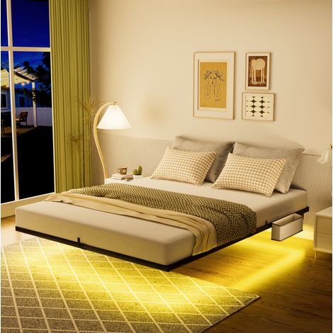 Letto moderno sospeso in acciaio nero 140x200 cm con LED, stazione di ricarica USB/USB-C e rete a doghe in metallo (1/5)