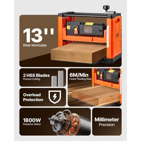 Raboteuse Bois Électrique 2 Lames, Table de Travail Largeur 33 cm, Moteur Puissant 1800 W, 23500 tr/min, Double Rouleau, Protection… (1/5)