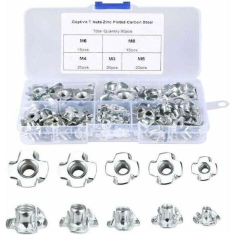 Écrous à Griffes 90Pcs Ecrous en T Bois M3/M4/M5/M6/M8 Ecrous pour Travail du Bois Meubles,de (1/4)