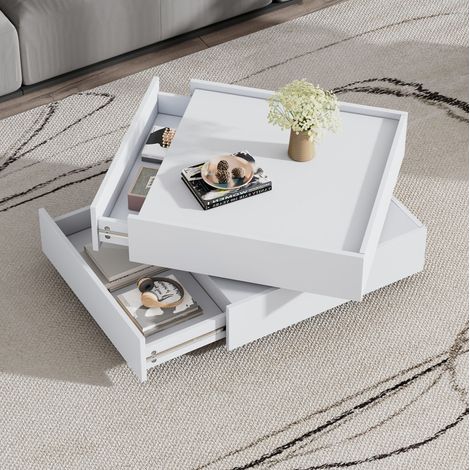 Table basse 60x60x38 cm en panneaux de bois blanc, 360° avec rangement pour salon FloraGrace (1/5)